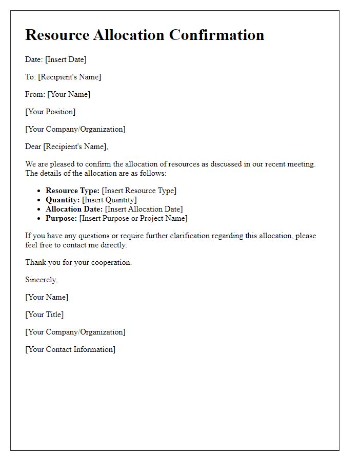 Letter template of resource allocation confirmation