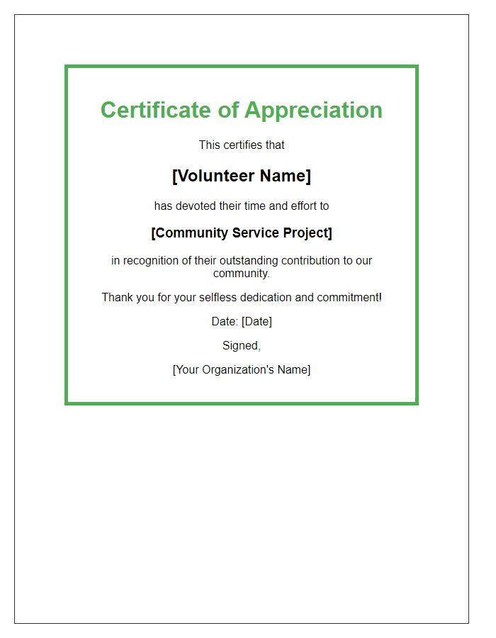 Letter template of Volunteer Appreciation Certificate for Community Service.