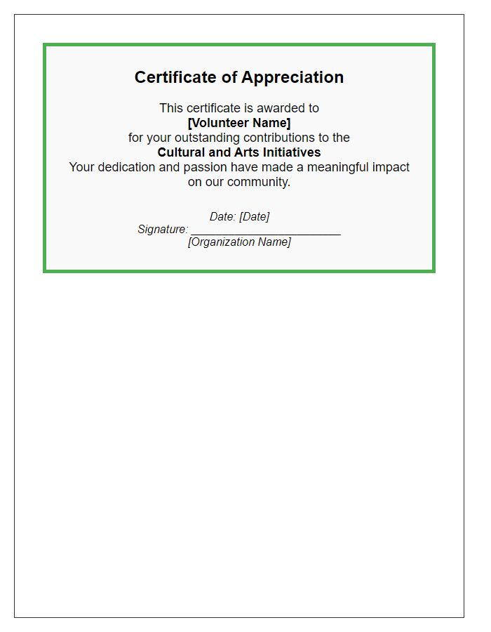 Letter template of Volunteer Appreciation Certificate for Cultural and Arts Initiatives.