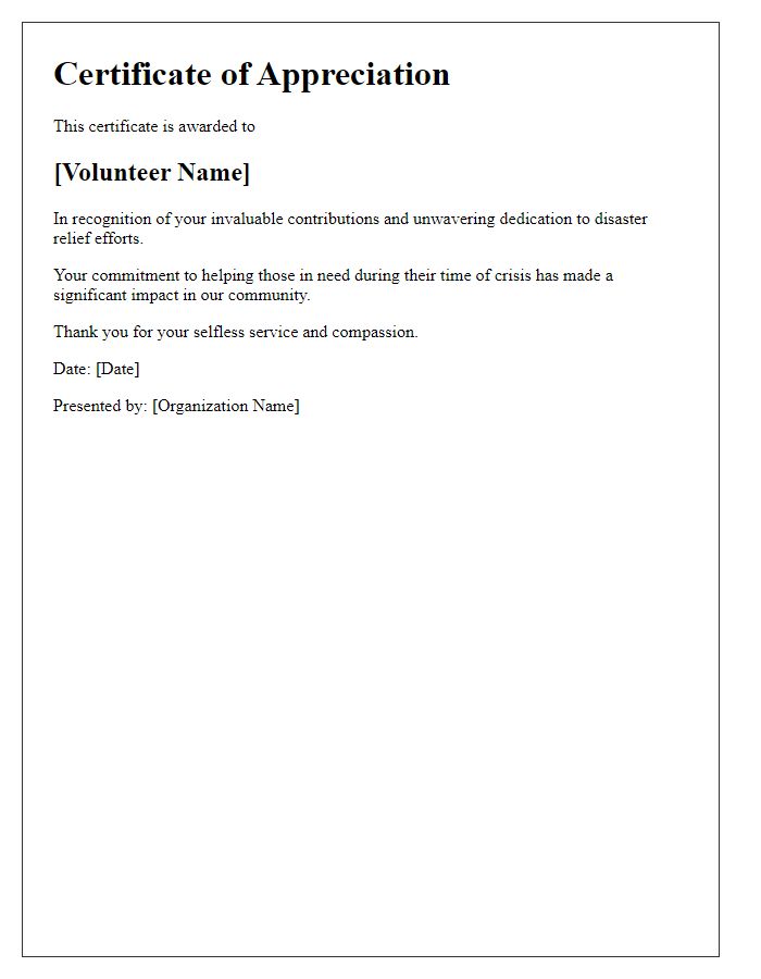 Letter template of Volunteer Appreciation Certificate for Disaster Relief Contributions.