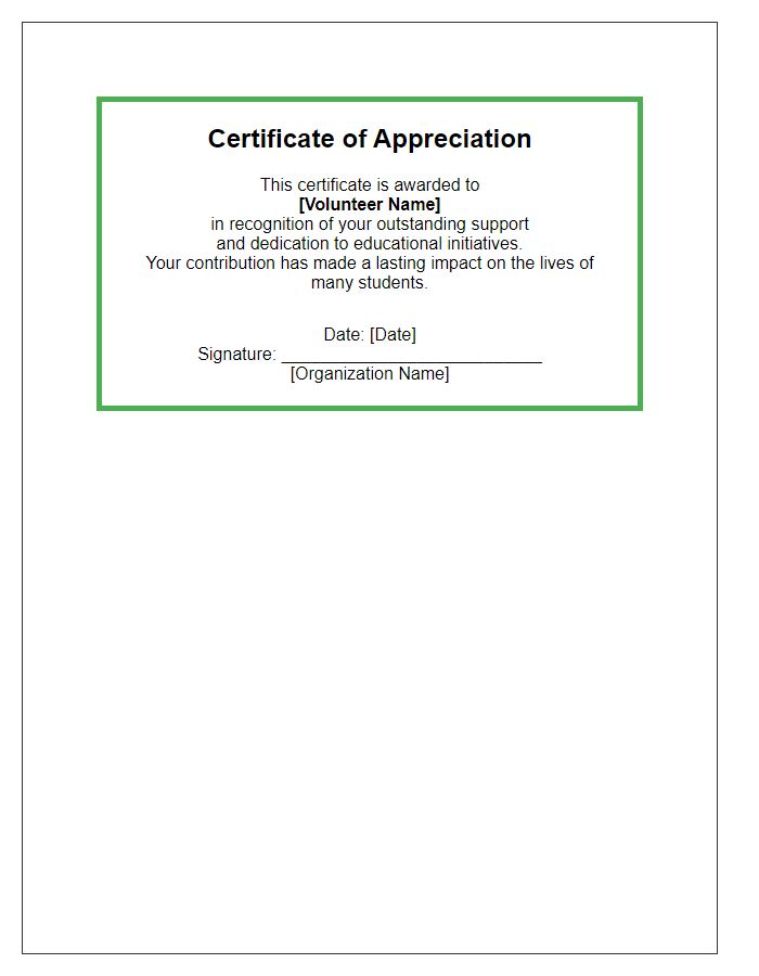 Letter template of Volunteer Appreciation Certificate for Educational Support.