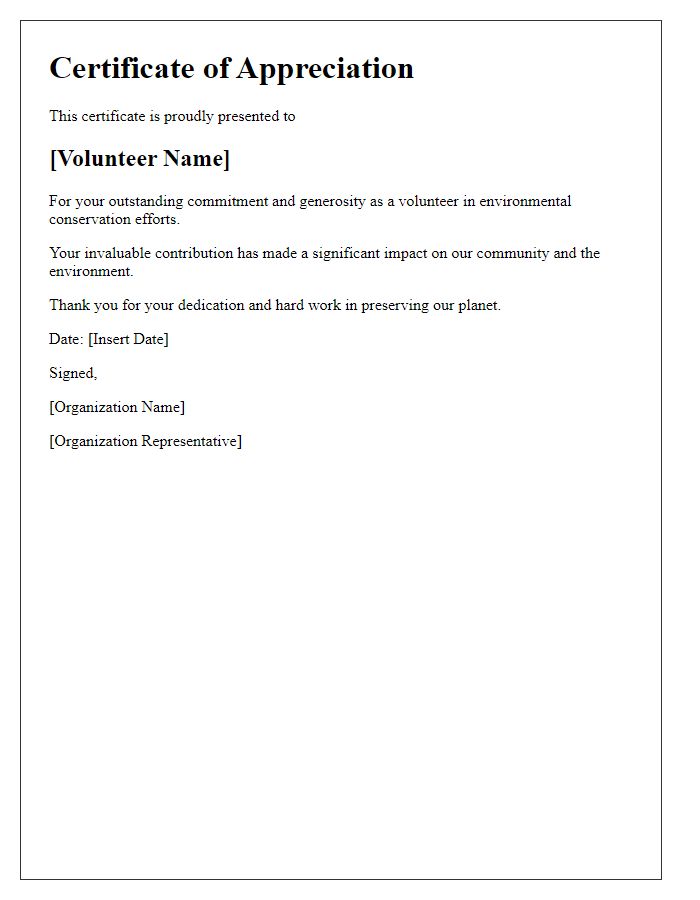 Letter template of Volunteer Appreciation Certificate for Environmental Conservation.