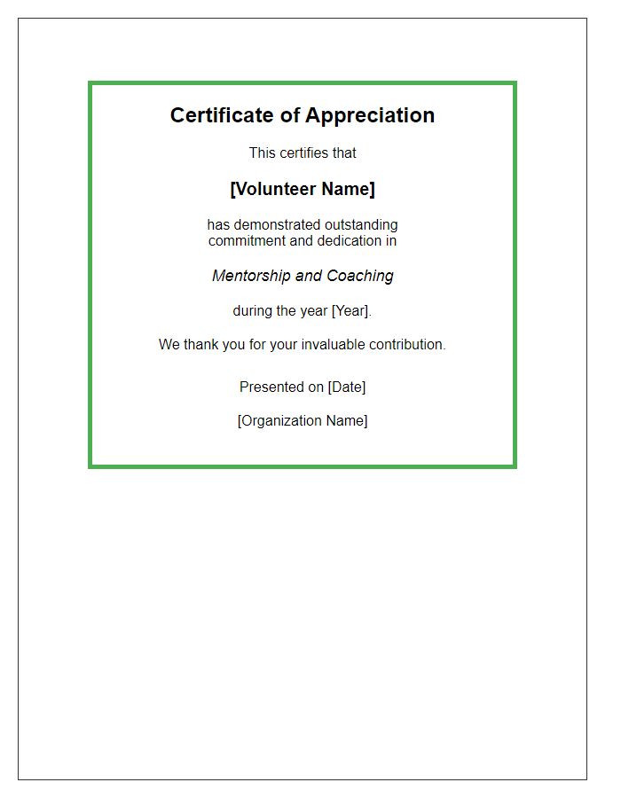 Letter template of Volunteer Appreciation Certificate for Mentorship and Coaching.