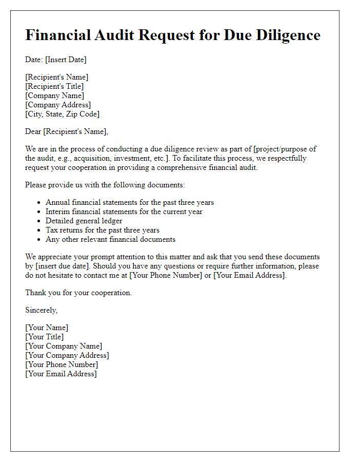 Letter template of financial audit request for due diligence