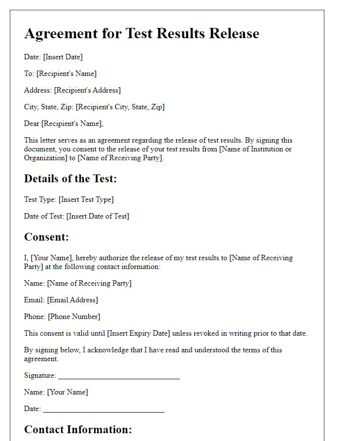 Letter template of Agreement for Test Results Release