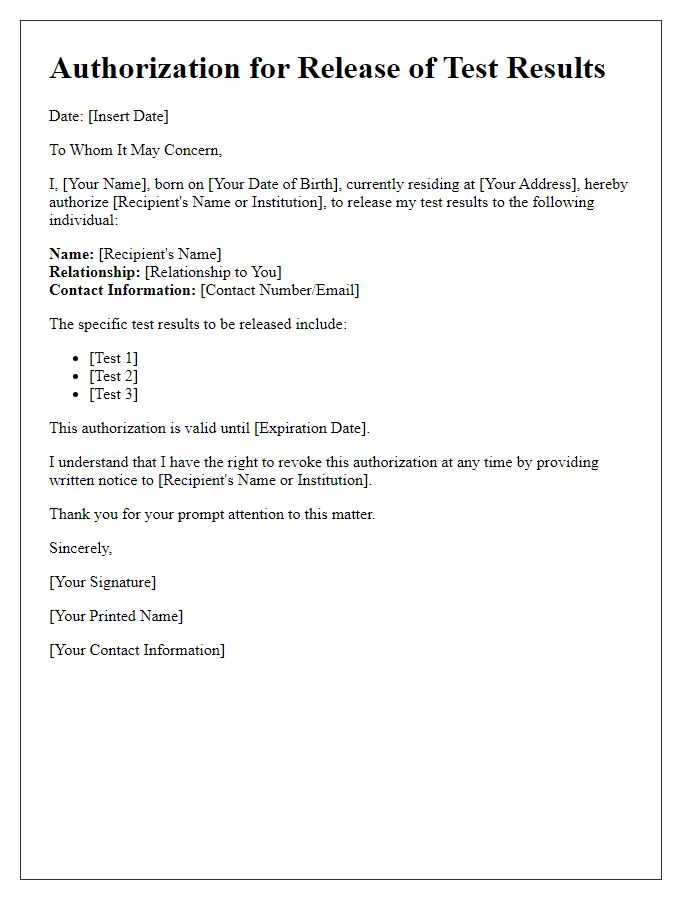 Letter template of Authorization for Release of Test Results