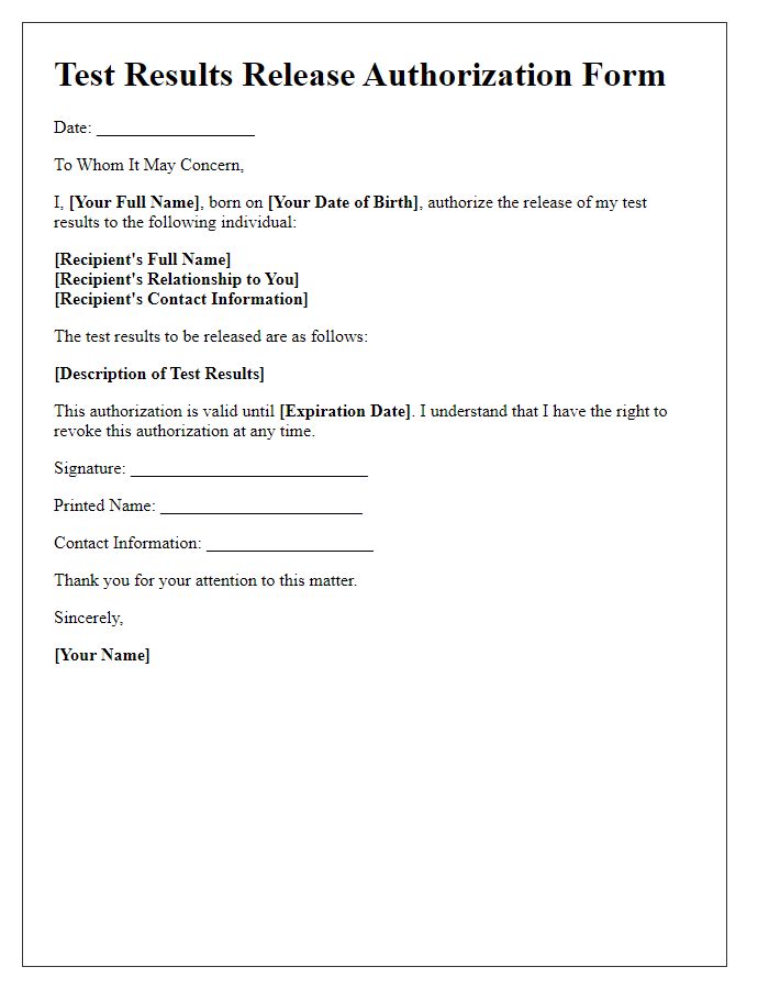 Letter template of Test Results Release Authorization Form