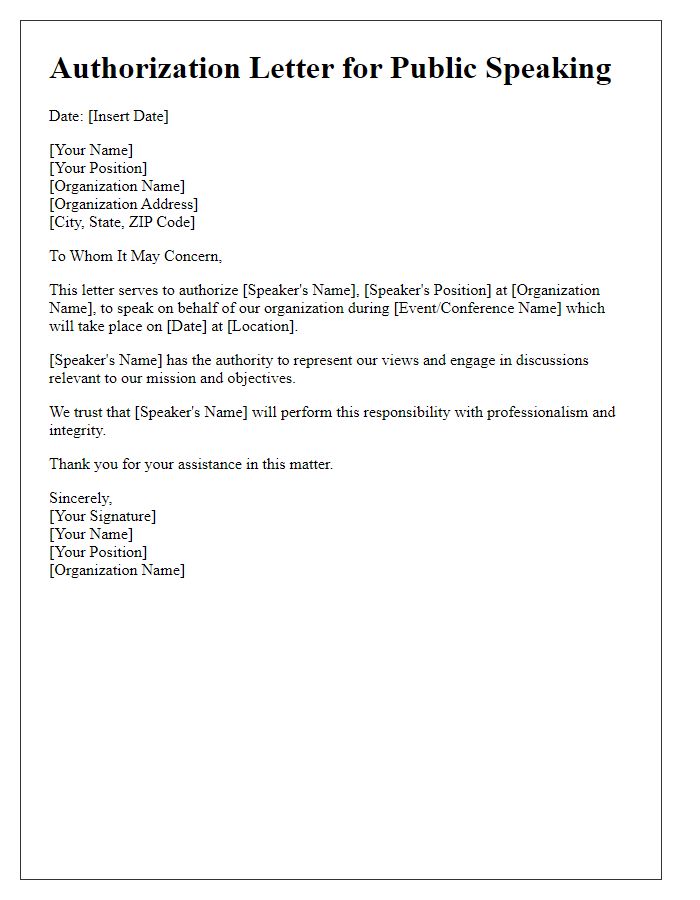 Letter template of Authorization for Public Speaking on Behalf of an Organization