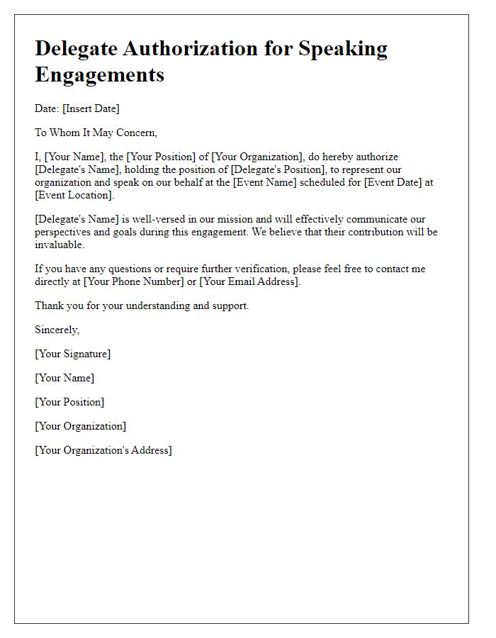 Letter template of Delegate Authorization for Speaking Engagements