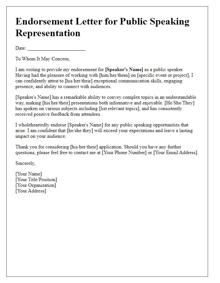 Letter template of Endorsement for Public Speaking Representation