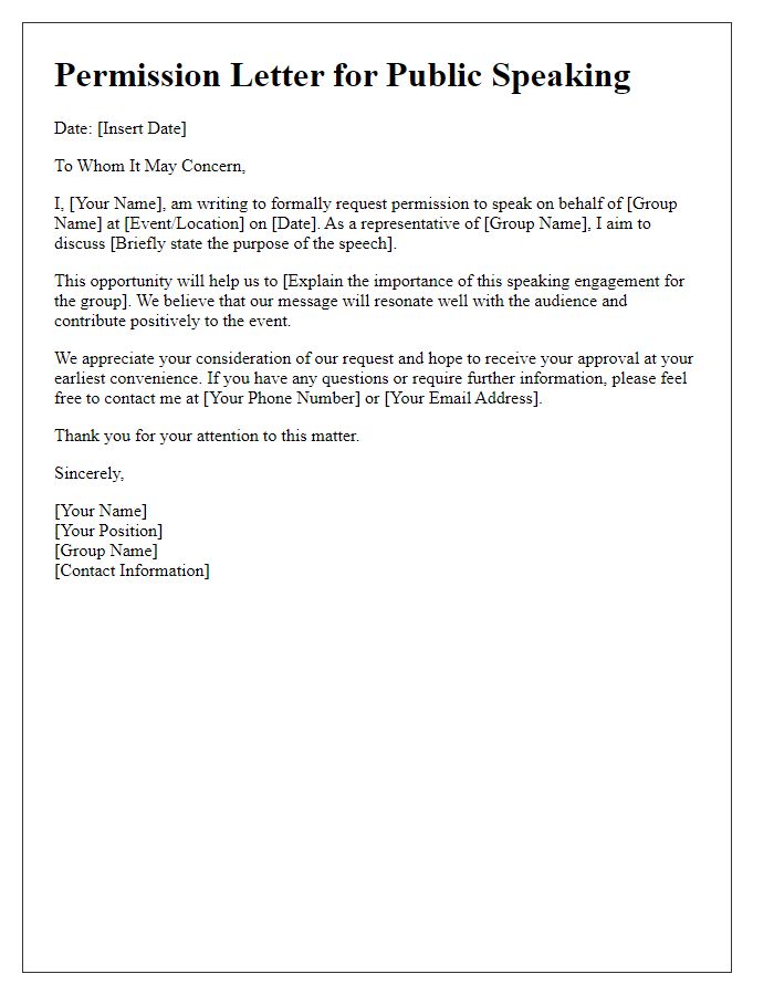 Letter template of Permission for Public Speaking on Behalf of a Group