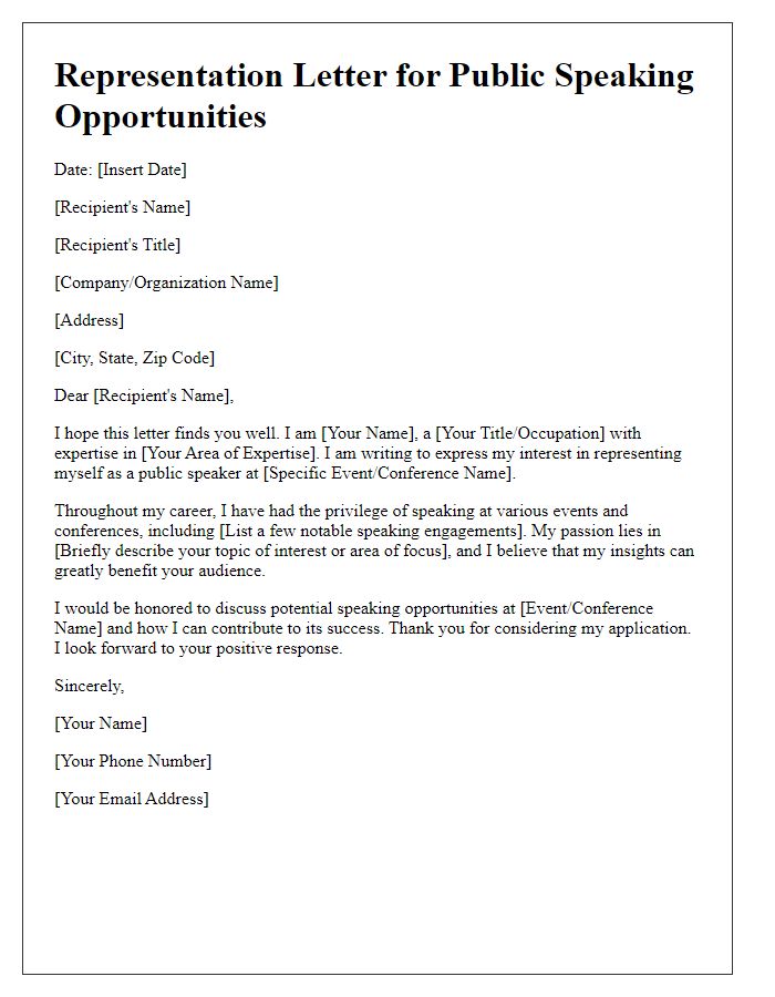 Letter template of Representation Letter for Public Speaking Opportunities