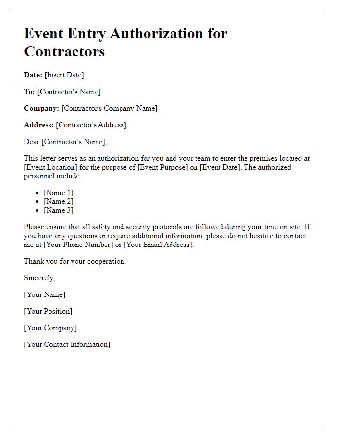 Letter template of Event Entry Authorization for Contractors