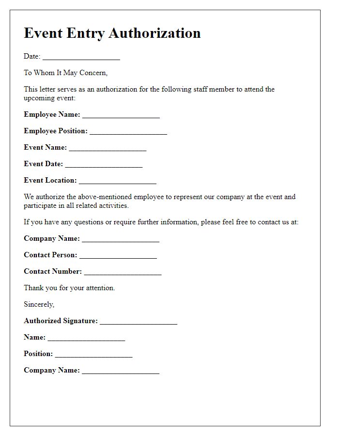 Letter template of Event Entry Authorization for Corporate Staff