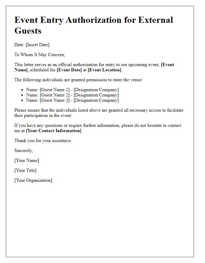 Letter template of Event Entry Authorization for External Guests