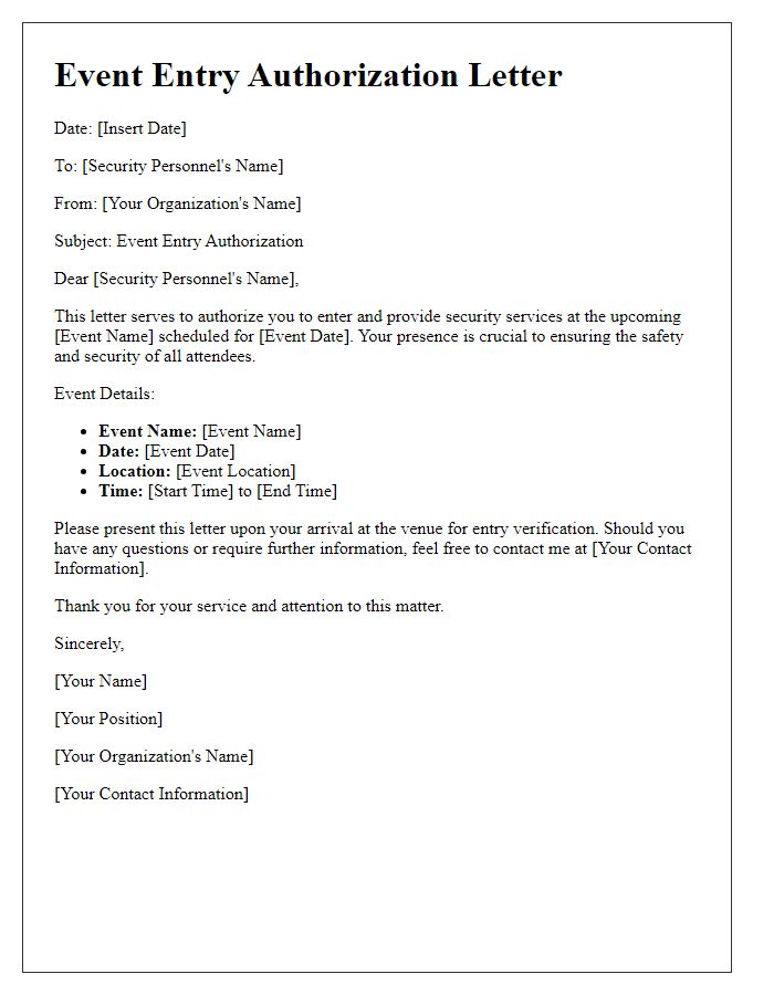 Letter template of Event Entry Authorization for Security Personnel