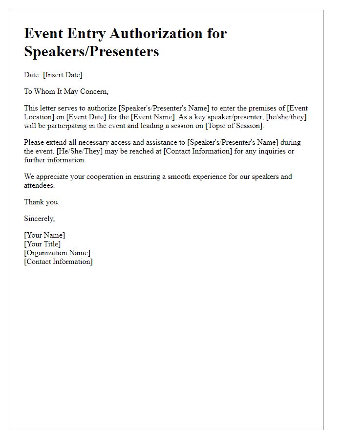 Letter template of Event Entry Authorization for Speakers or Presenters