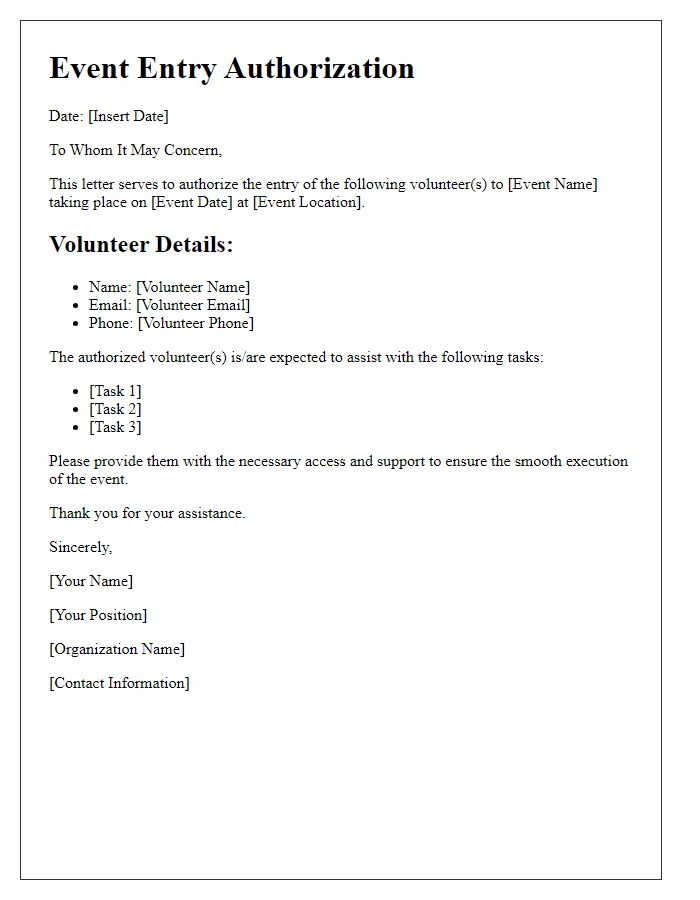 Letter template of Event Entry Authorization for Volunteers