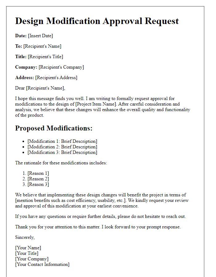 Letter template of design modification approval request