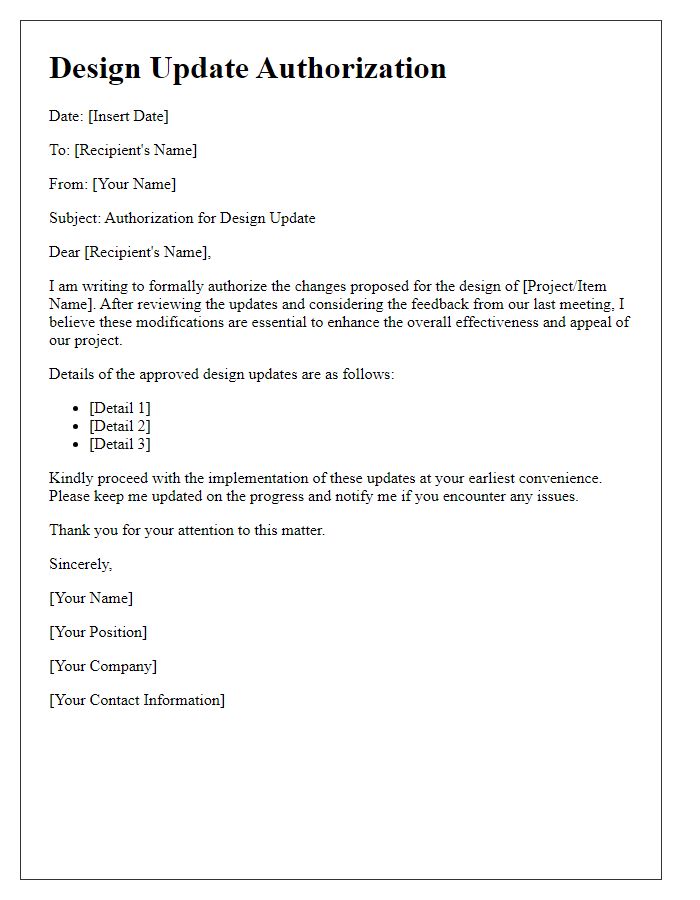 Letter template of design update authorization