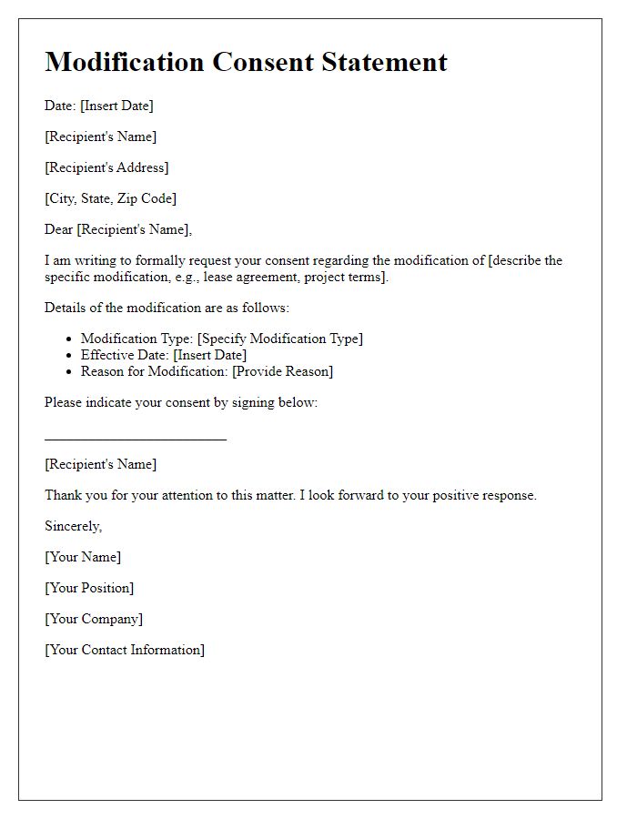 Letter template of modification consent statement