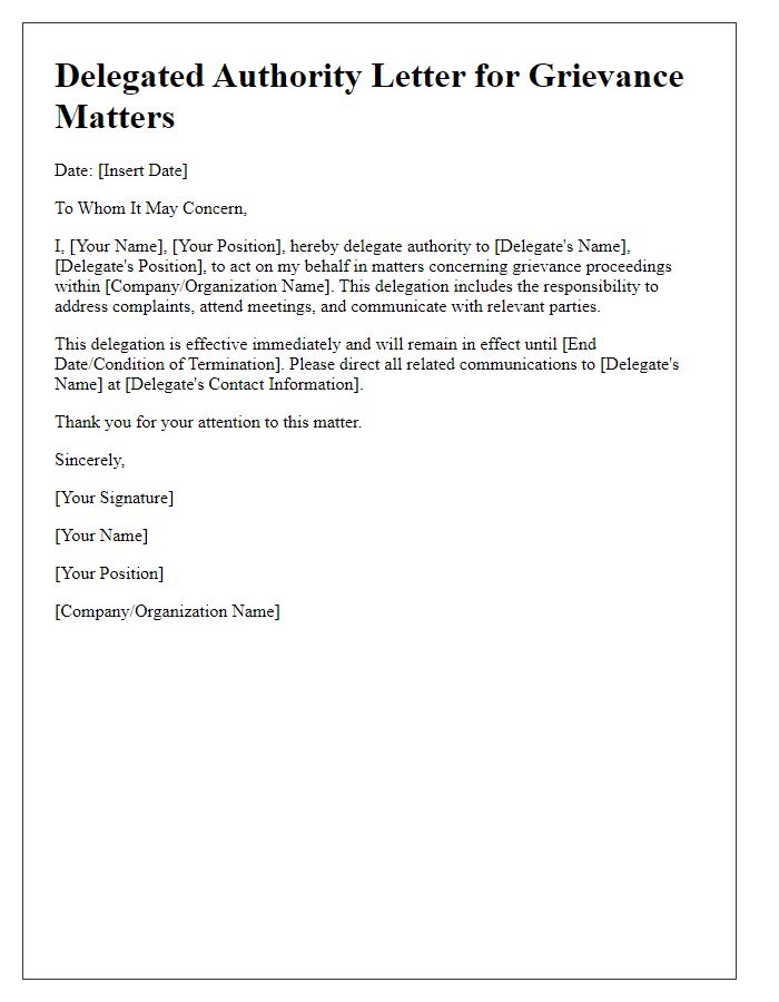 Letter template of delegated authority for grievance matters