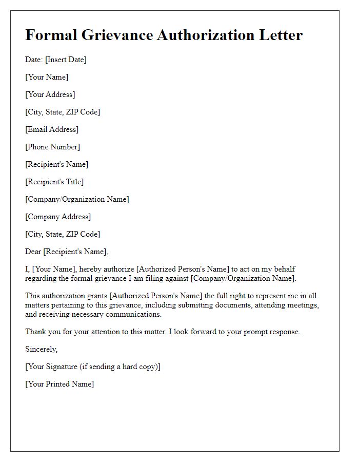 Letter template of formal grievance authorization