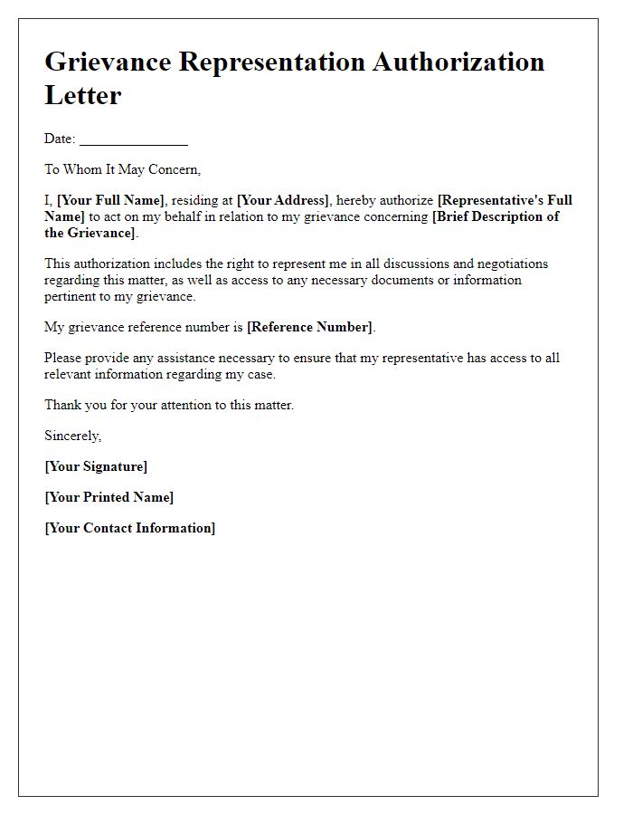 Letter template of grievance representation authorization