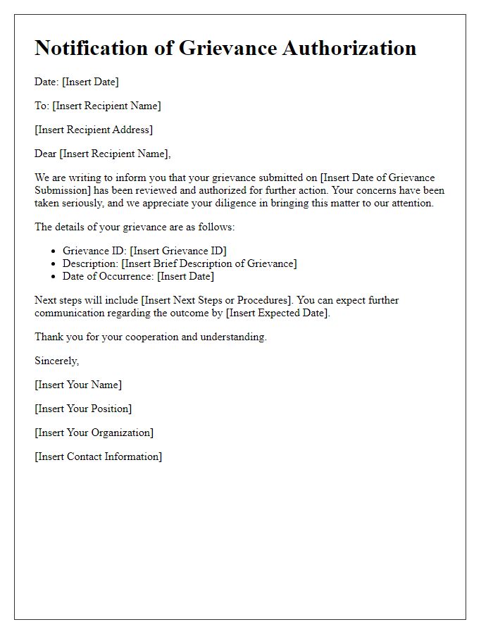 Letter template of notification for grievance authorization