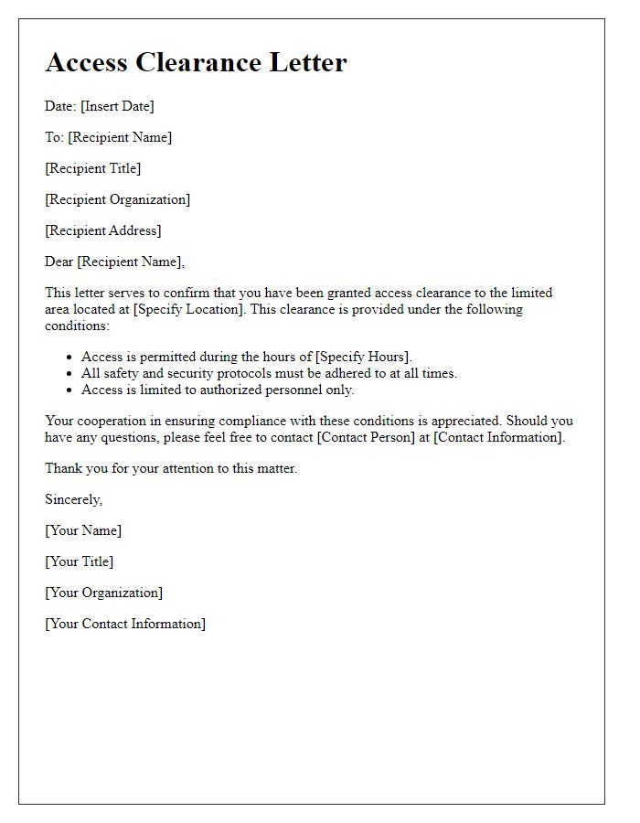 Letter template of access clearance for limited area.