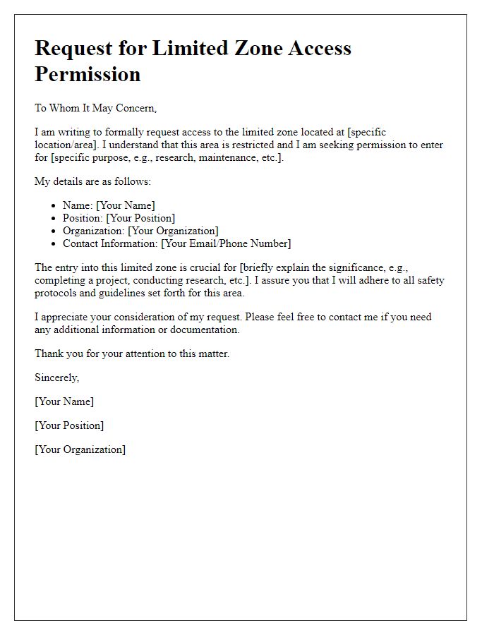 Letter template of request for limited zone access permission.