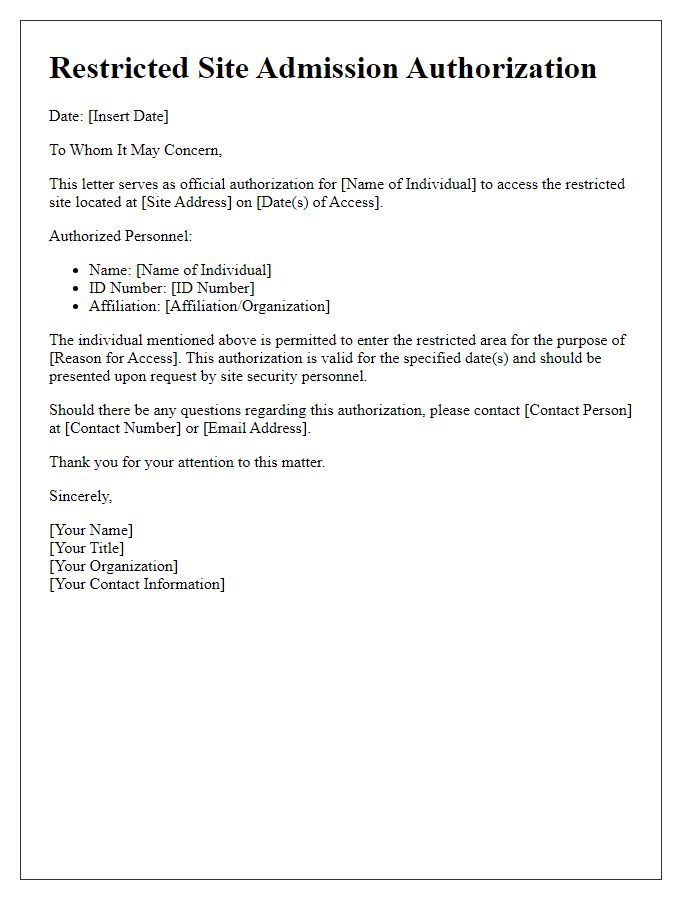 Letter template of restricted site admission authorization.