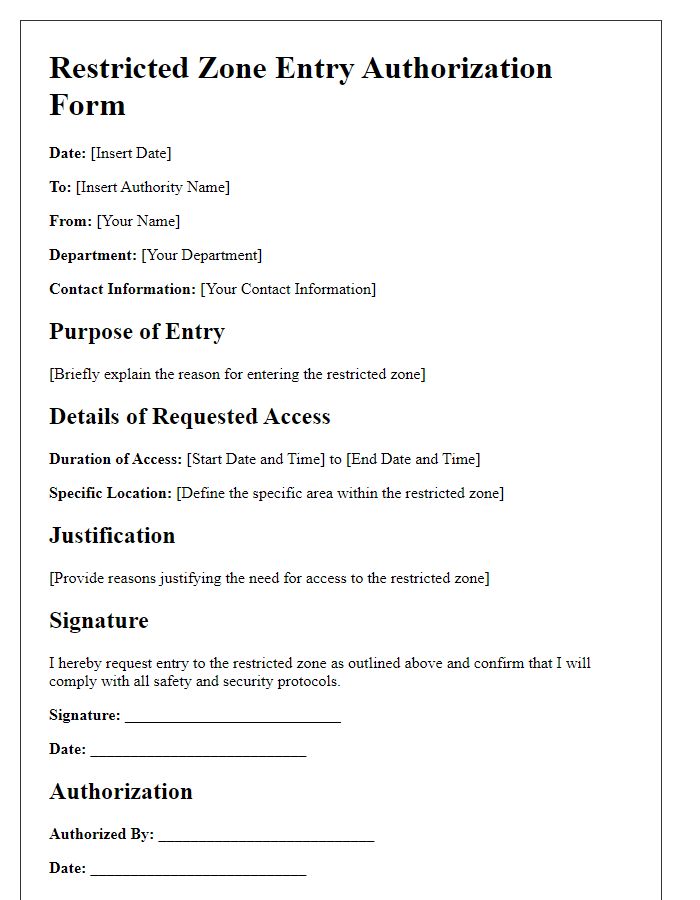 Letter template of restricted zone entry authorization form.