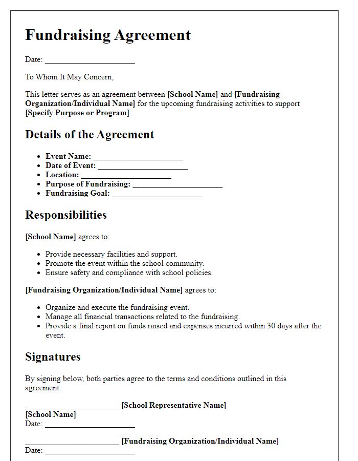 Letter template of agreement for school fundraising activities