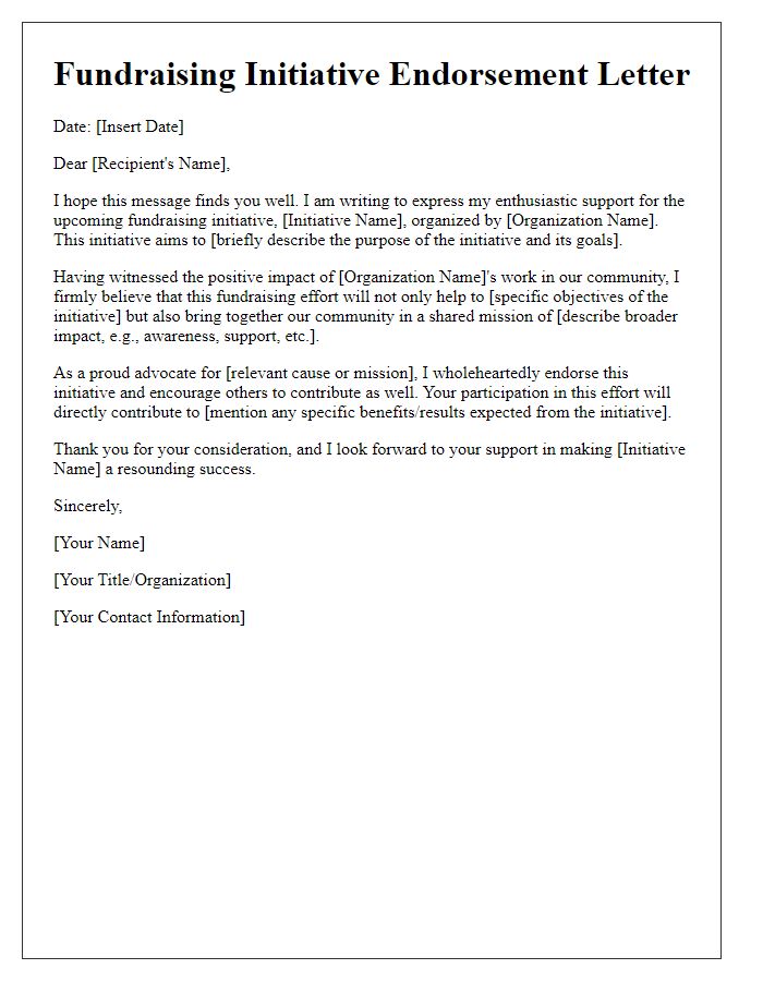 Letter template of fundraising initiative endorsement