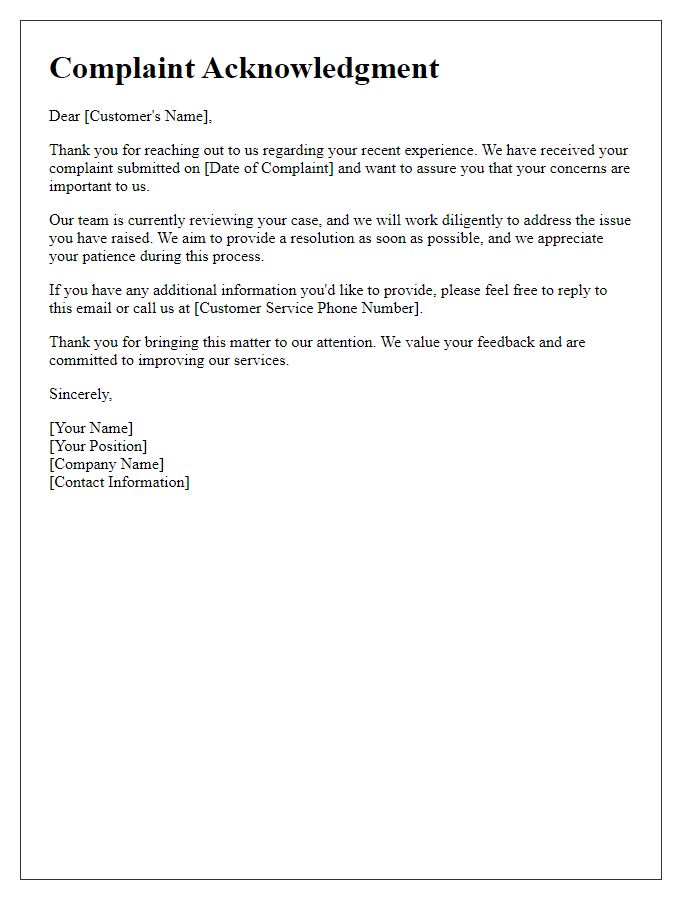 Letter template of customer service complaint acknowledgment