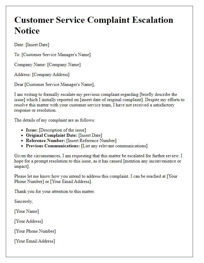 Letter template of customer service complaint escalation notice