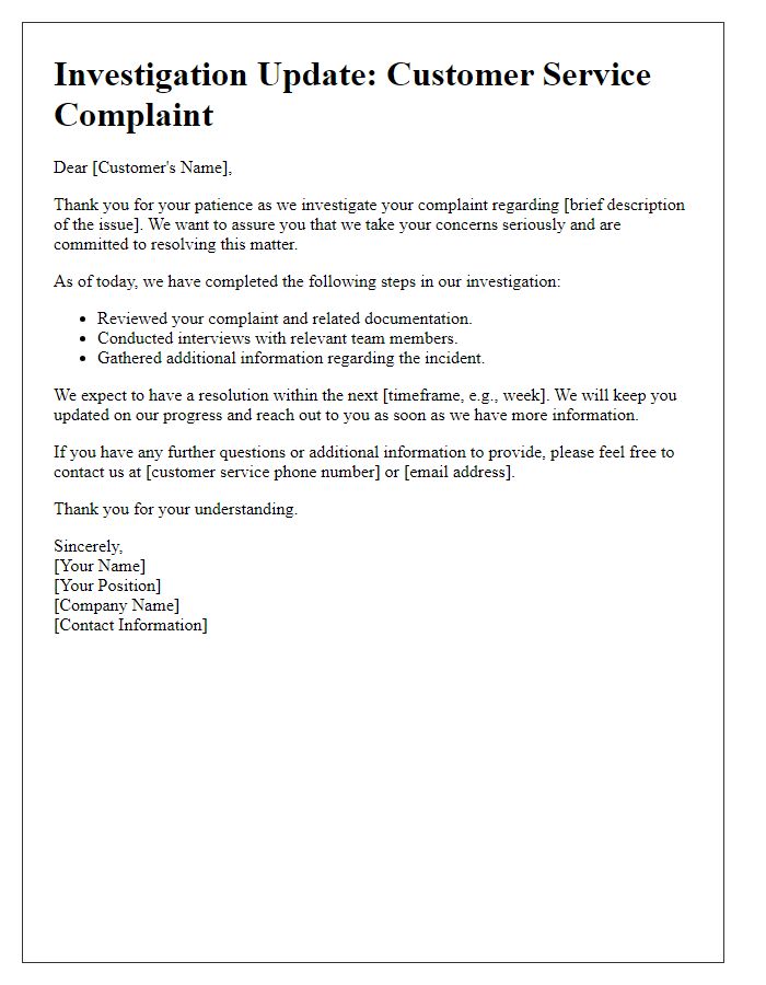 Letter template of customer service complaint investigation update