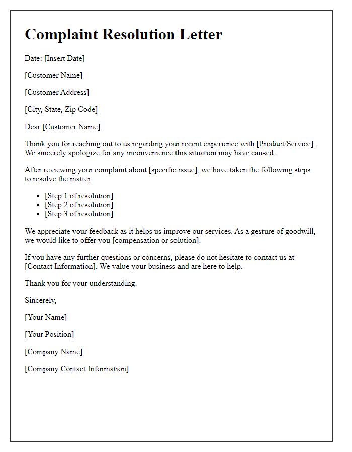 Letter template of customer service complaint resolution