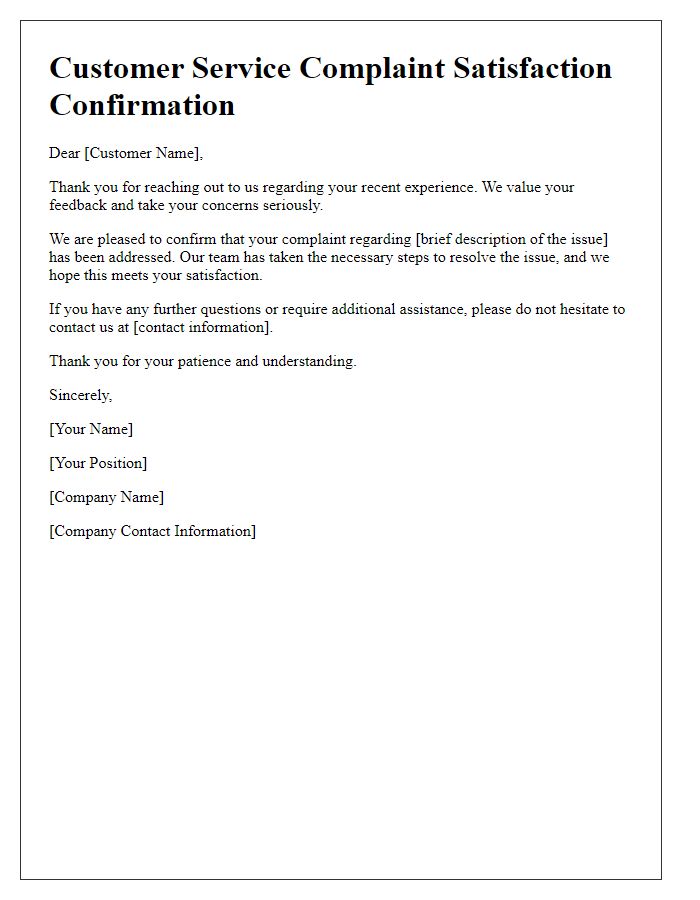 Letter template of customer service complaint satisfaction confirmation