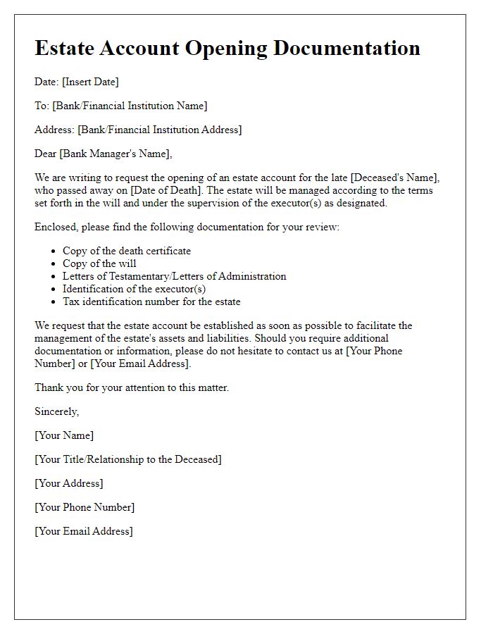 Letter template of estate account opening documentation