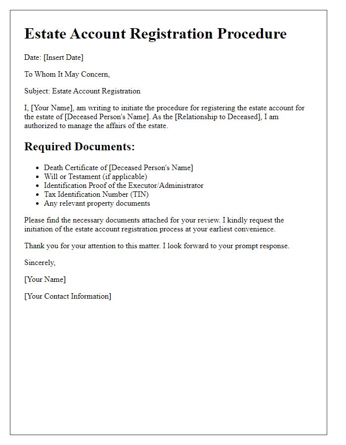 Letter template of estate account registration procedure