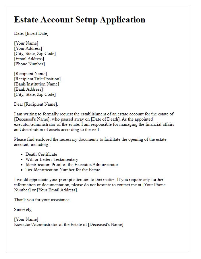 Letter template of estate account setup application