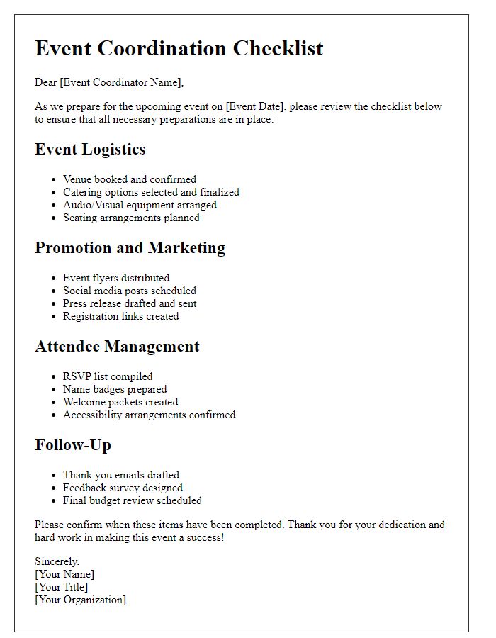 Letter template of event coordination checklist