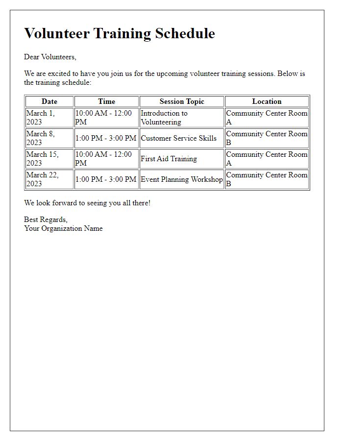 Letter template of volunteer training schedule