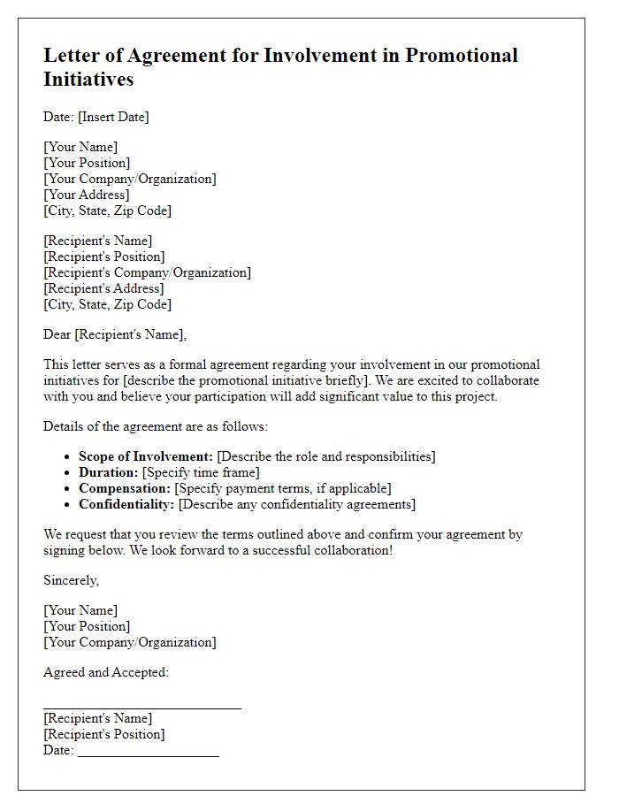 Letter template of agreement for involvement in promotional initiatives.