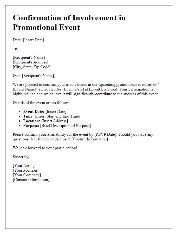 Letter template of confirmation for involvement in promotional events.