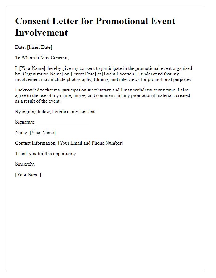 Letter template of consent for promotional event involvement.