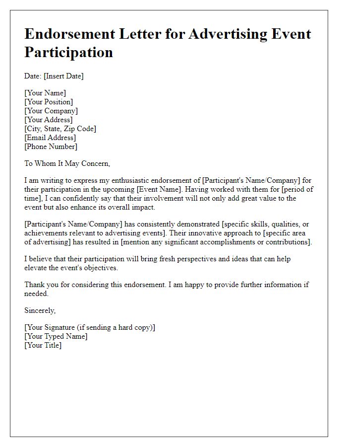 Letter template of endorsement for participation in advertising events.