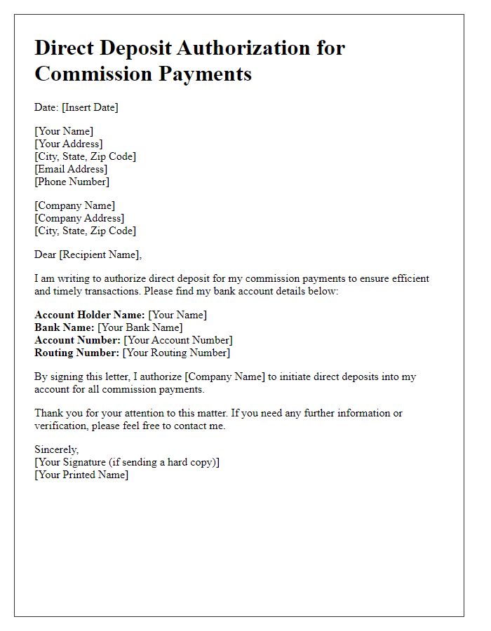 Letter template of direct deposit authorization for commission payments.